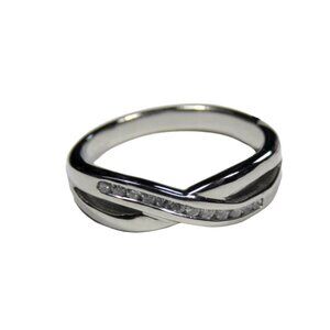 Inox Women's Polished Stainless Steel Crossed Band Ring with CZ Accents
